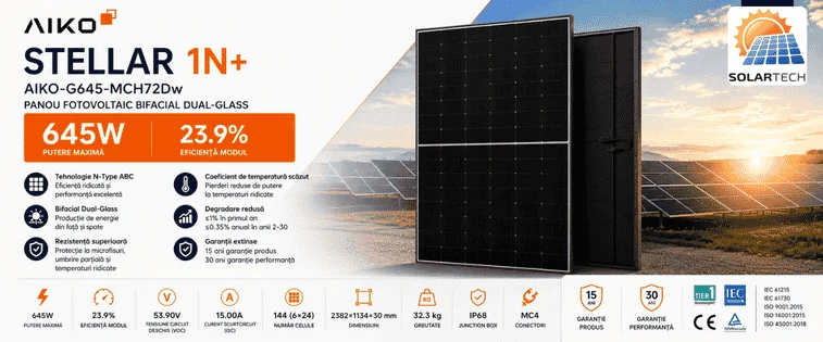 Detalii tehnice — Panou fotovoltaic 645W, Stellar 1N+, Bifacial, AIKO