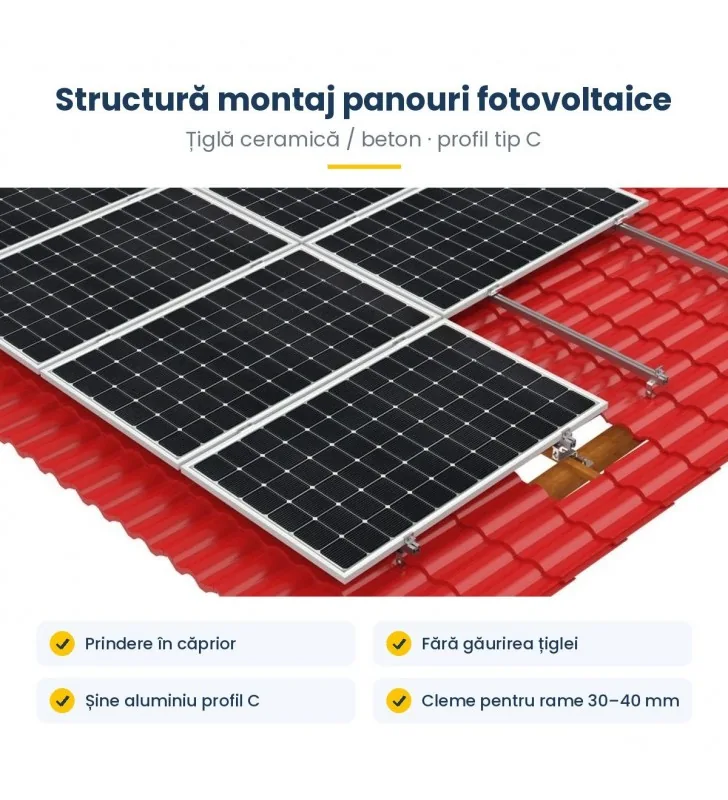 Structură montaj panouri fotovoltaice – țiglă ceramică / beton