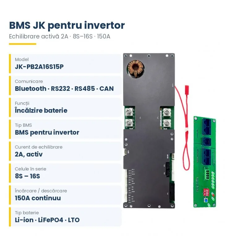 BMS JK-PB2A16S15P pentru invertor 8S–16S, 150A, echilibrare activă 2A, CAN / RS485 / Bluetooth
