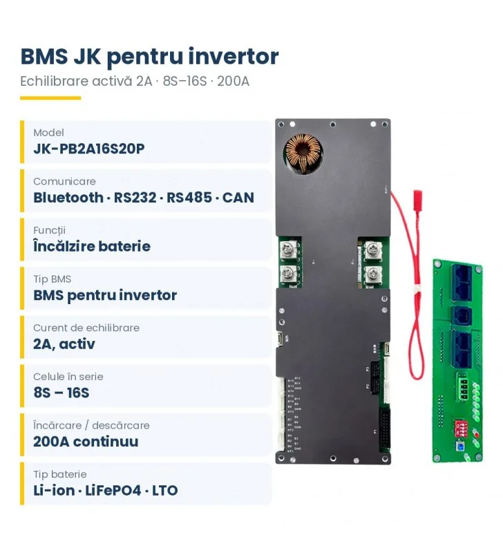BMS JK-PB2A16S20P pentru invertor 8S–16S, 200A, echilibrare activă 2A, CAN / RS485 / Bluetooth