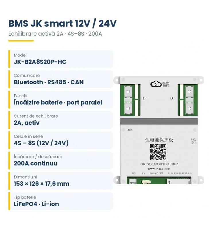 BMS JK-B2A8S20P-HC smart 4S–8S (12V / 24V), 200A, echilibrare activă 2A, Bluetooth / RS485 / CAN, încălzire