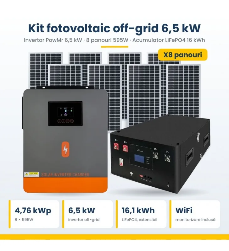 Kit fotovoltaic off-grid PowMr 6,5kW – 8 panouri 595W + acumulator LiFePO4 16 kWh