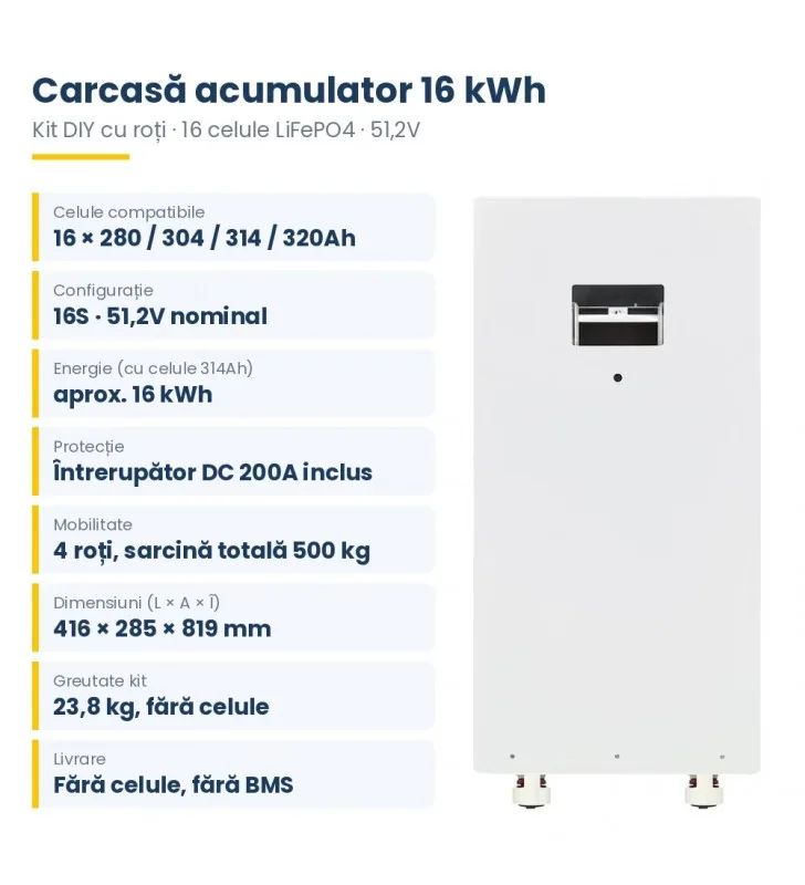 Carcasă acumulator DIY 16 kWh cu roți JKESS – kit pentru 16 celule LiFePO4 280–320Ah, 51,2V, întrerupător DC 200A